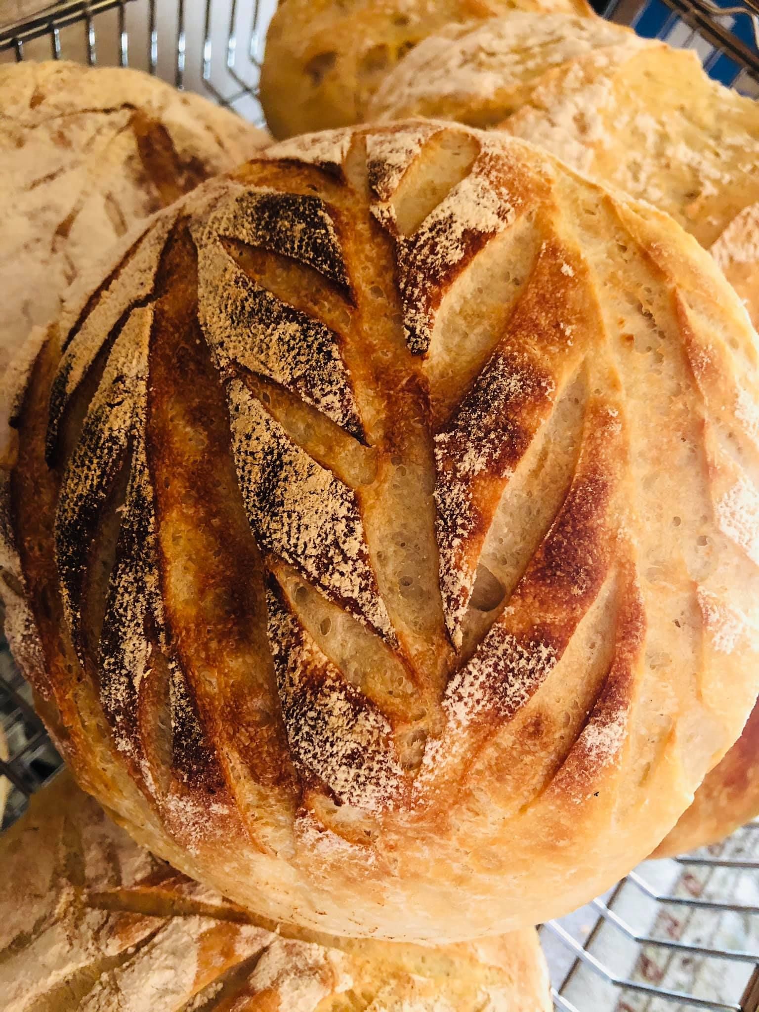 Round loaf of bread with decorative leaf-shaped scoring, golden crust, in a wire basket.