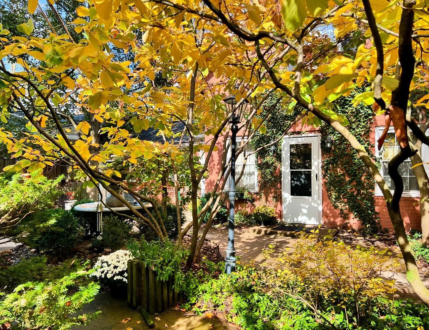 Autumn foliage frames a white door in a brick building's garden; a black lamp post stands nearby.