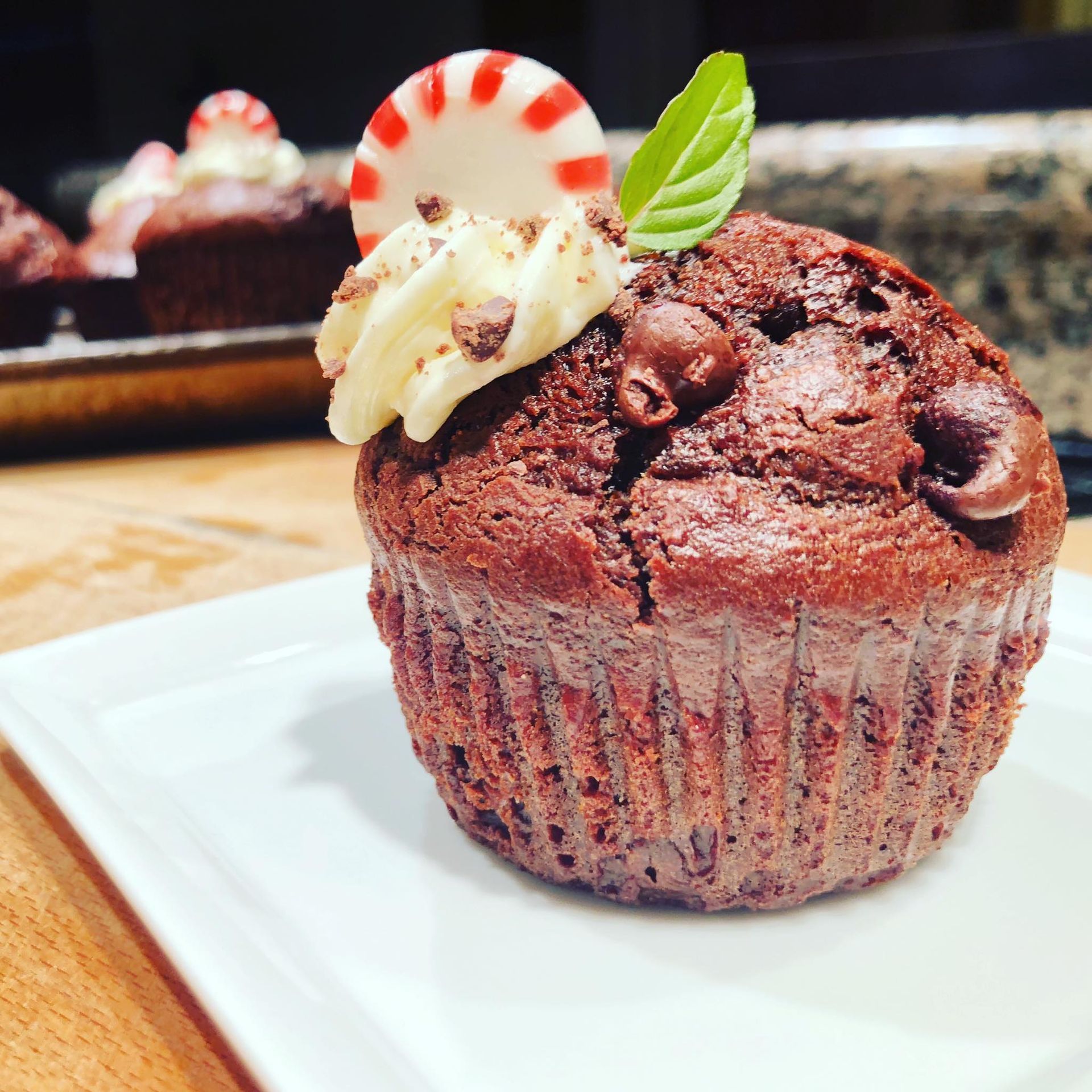 Chocolate muffin with white frosting, chocolate chips, mint leaf, and candy on a white plate.