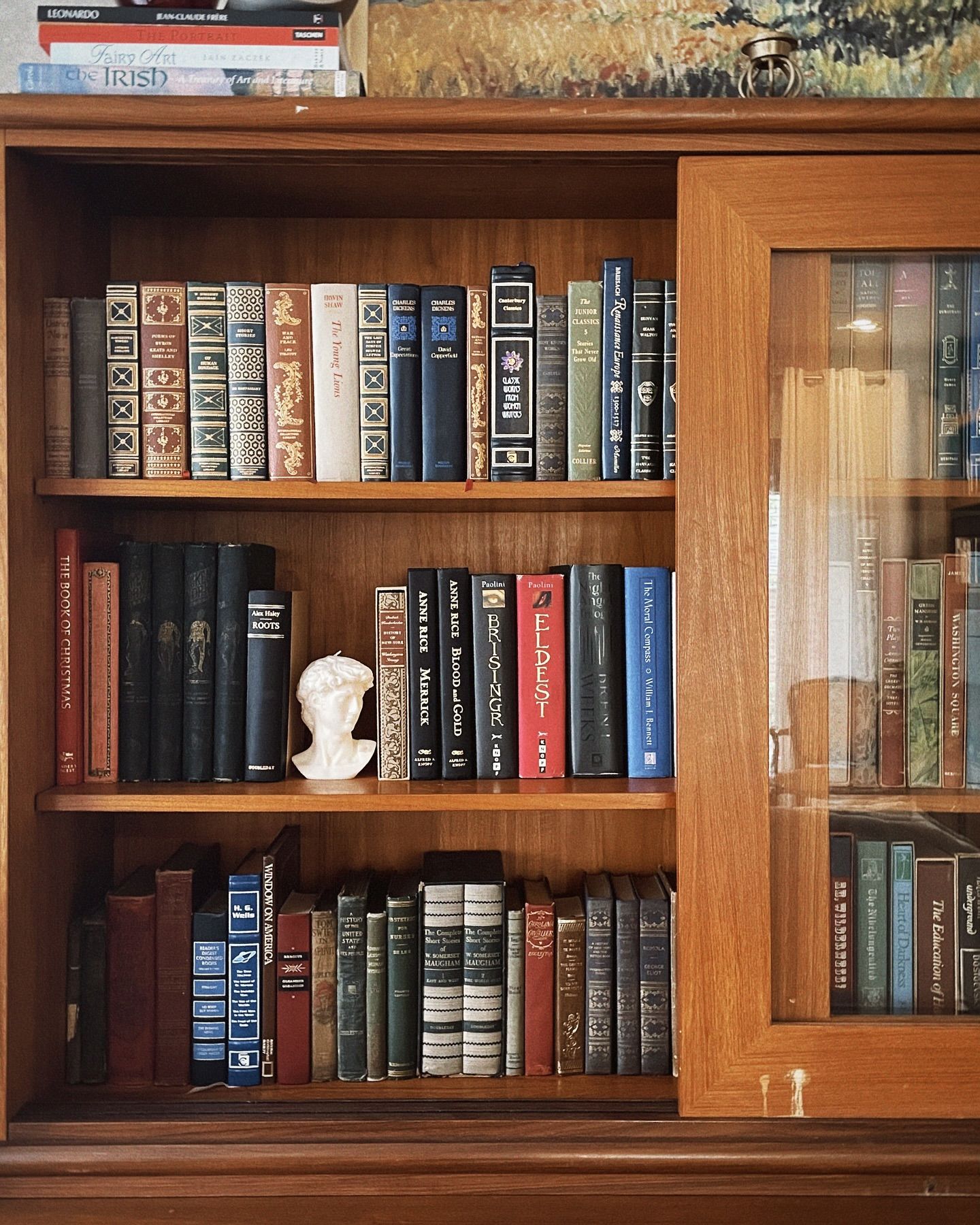 Wooden bookshelf filled with rows of old books. A glass-paneled door is on the right side.