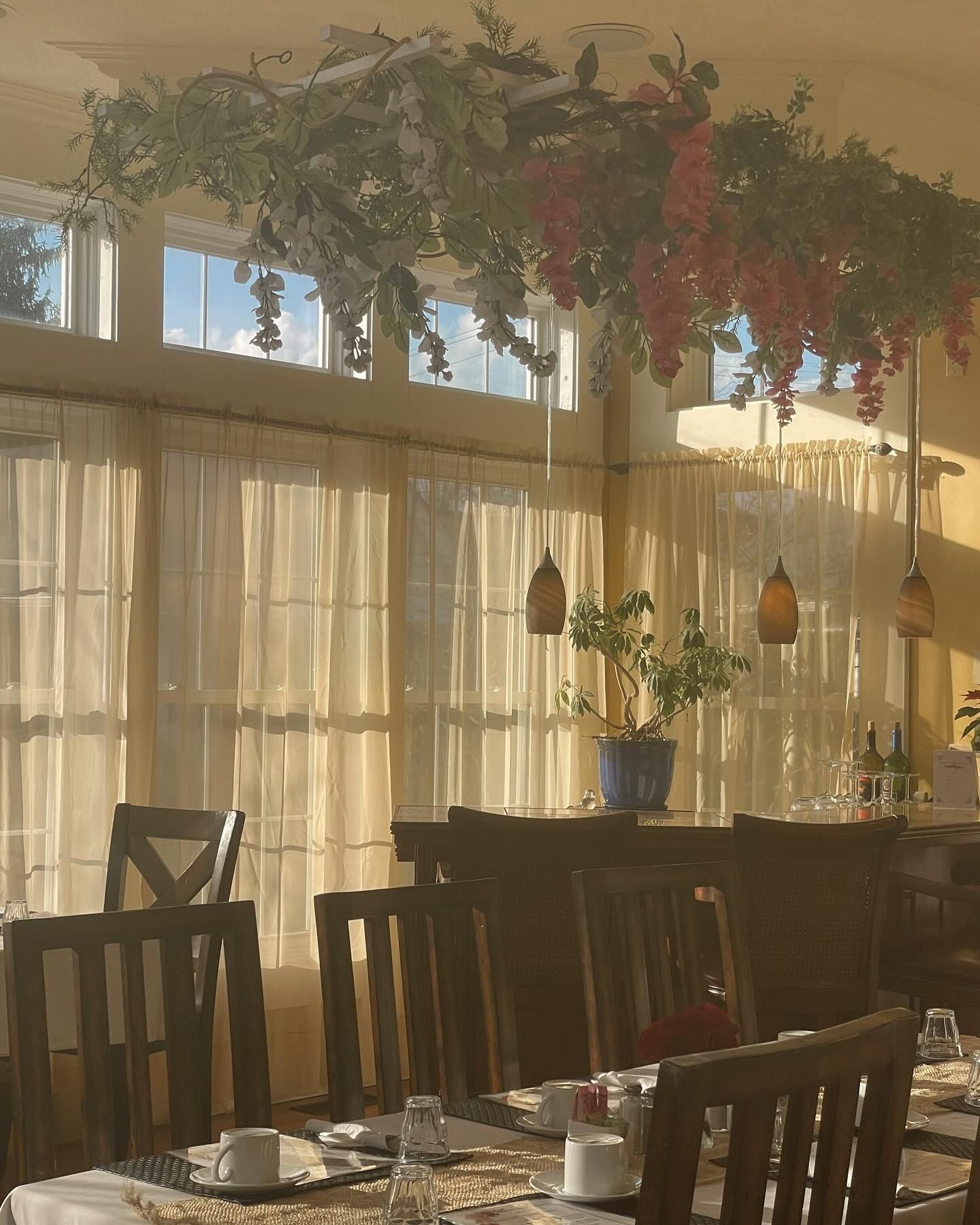 Restaurant interior with dining tables set. Sheer curtains, hanging floral decor, and pendant lights. Sunlight streams in.