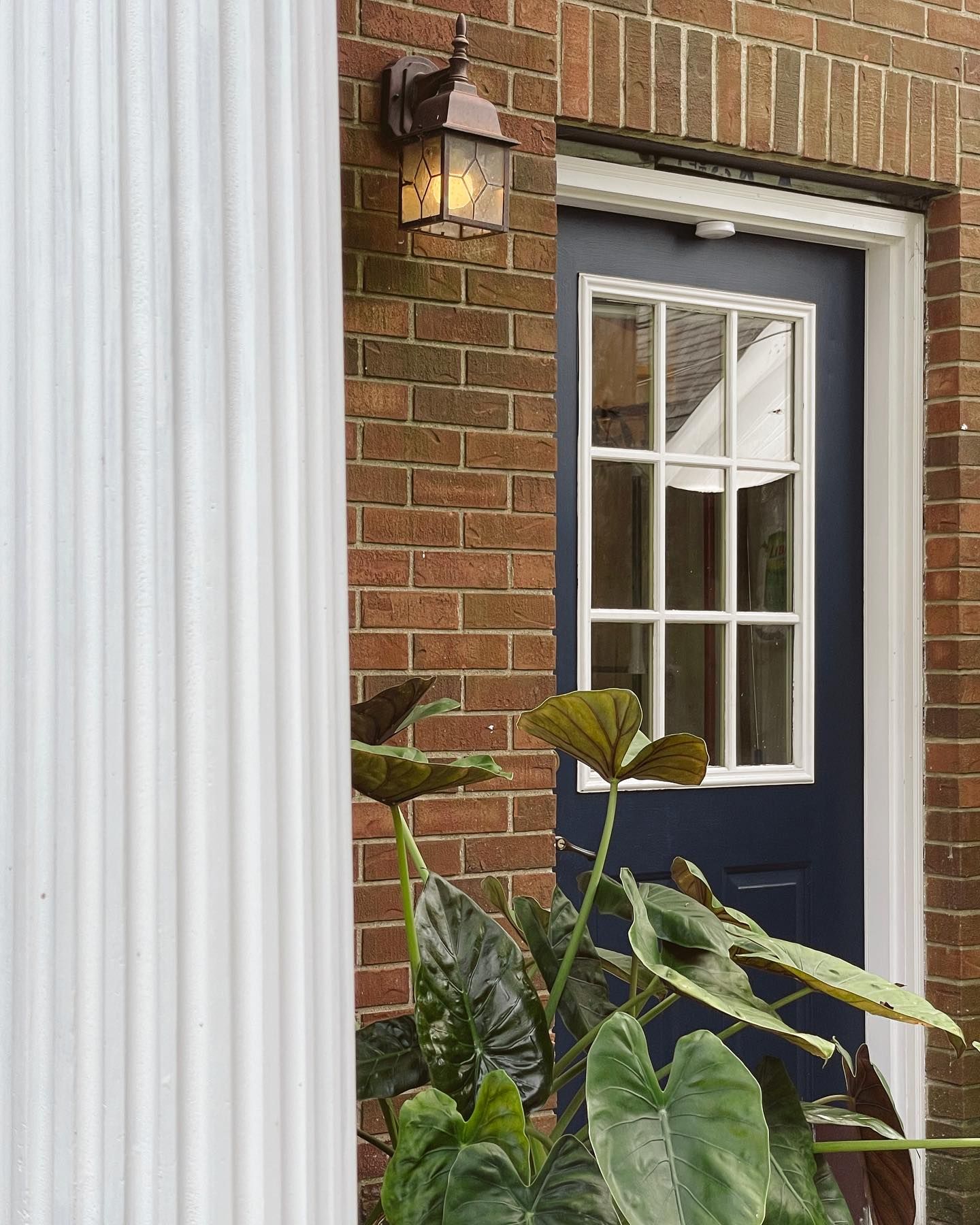 Blue door with white trim set in brick wall, beneath an ornate light fixture. White column on left, plants in foreground.