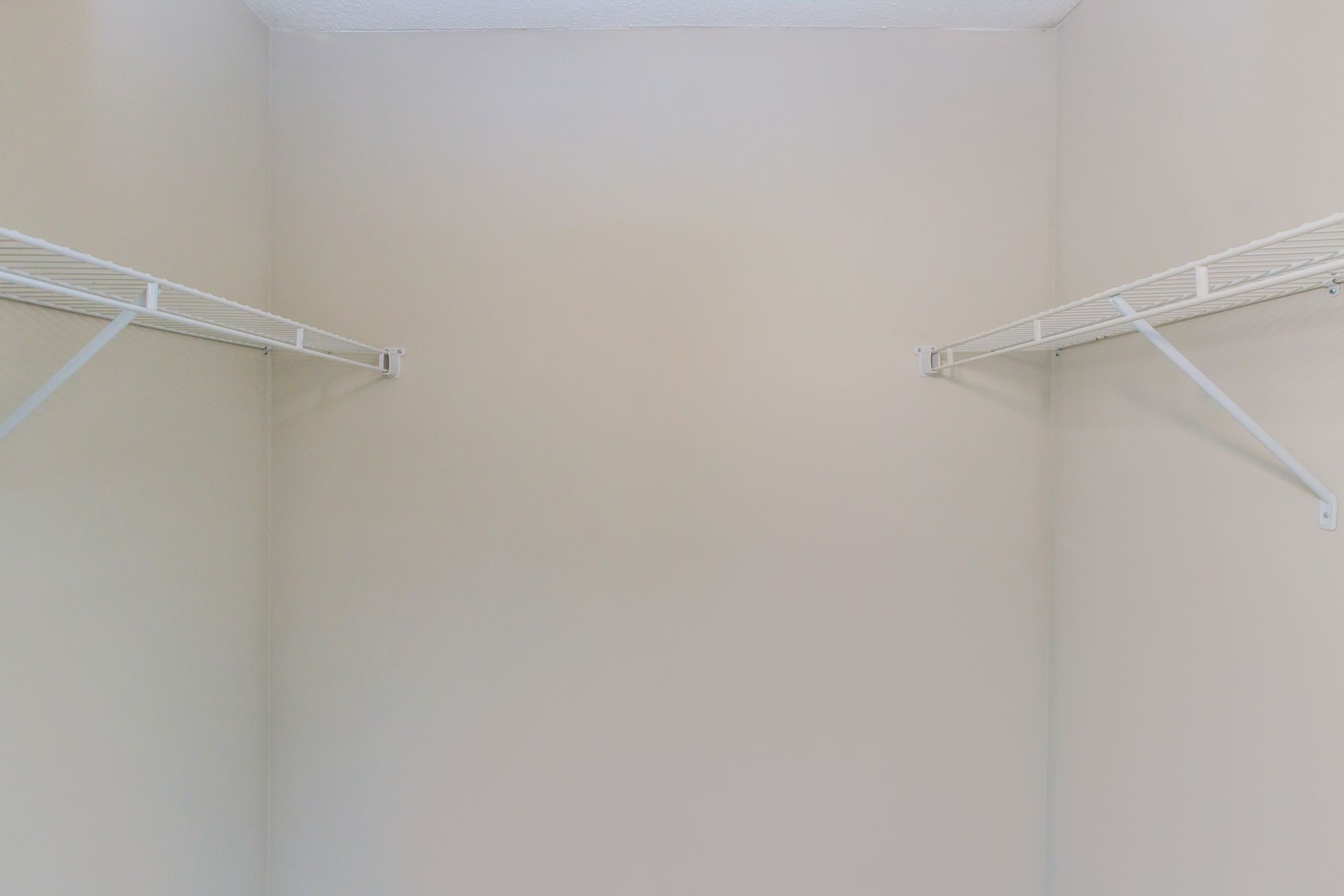 An empty walk in closet with white shelves and a white wall.