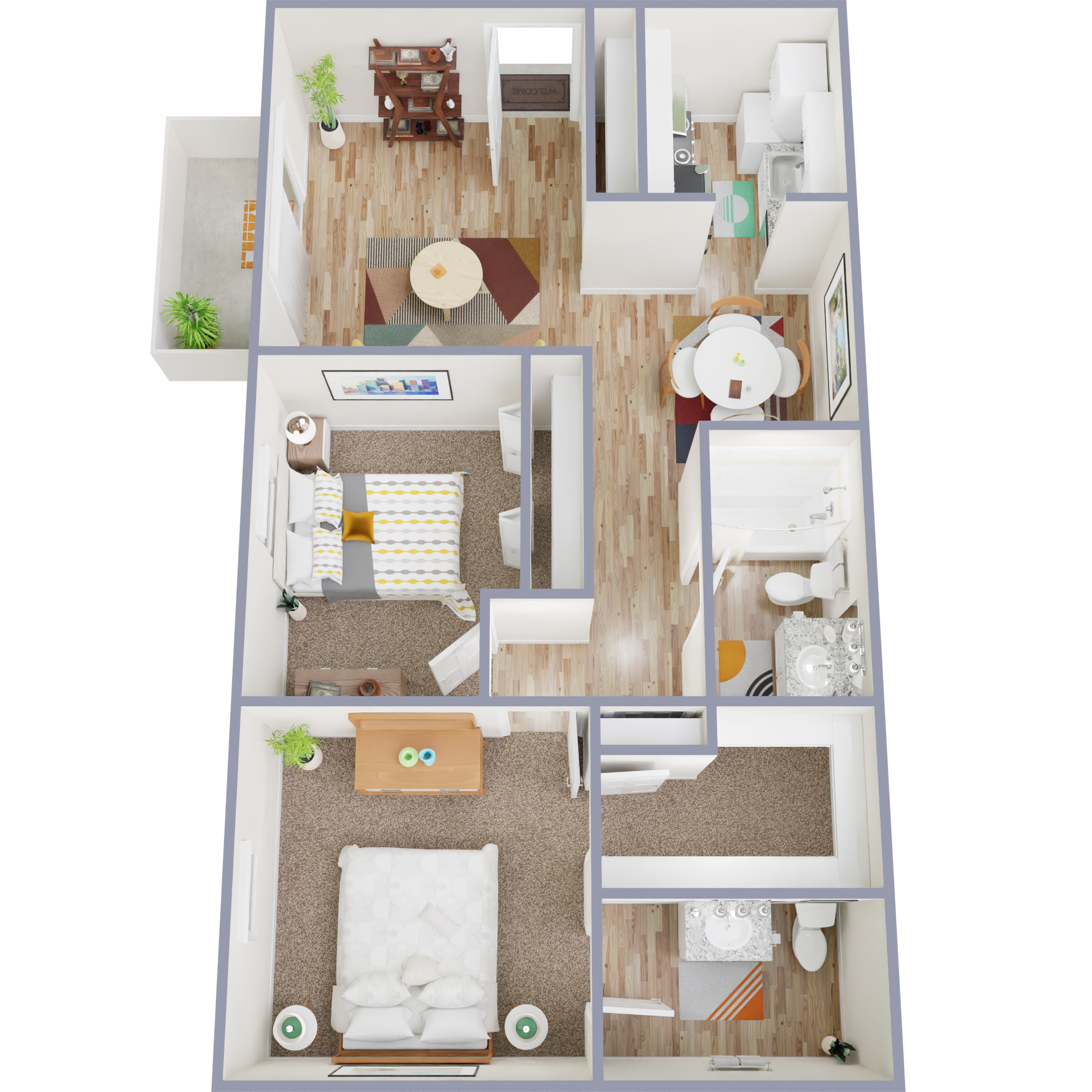 An aerial view of a house with a bedroom , living room , dining room , and bathroom.