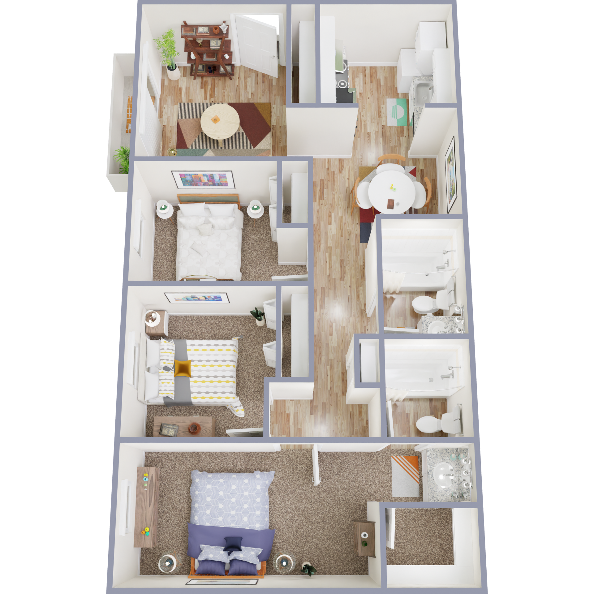A 3d floor plan of a house with a bedroom , living room , dining room , and bathroom.