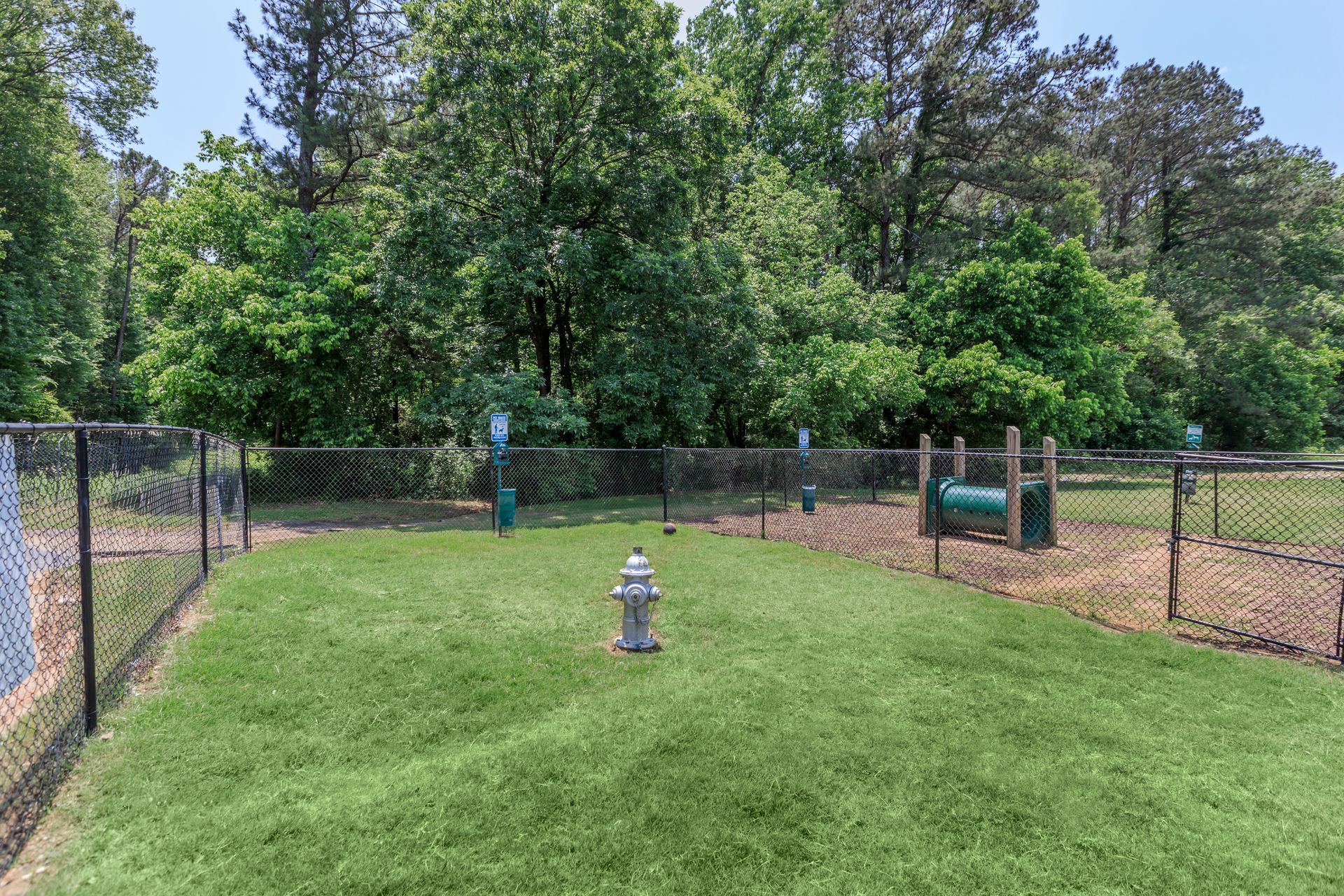 A dog park with a fire hydrant in the middle of it.