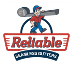 Logo of a smiling worker with gutter material labeled "#1 Reliable Seamless Gutters" in red and blue.