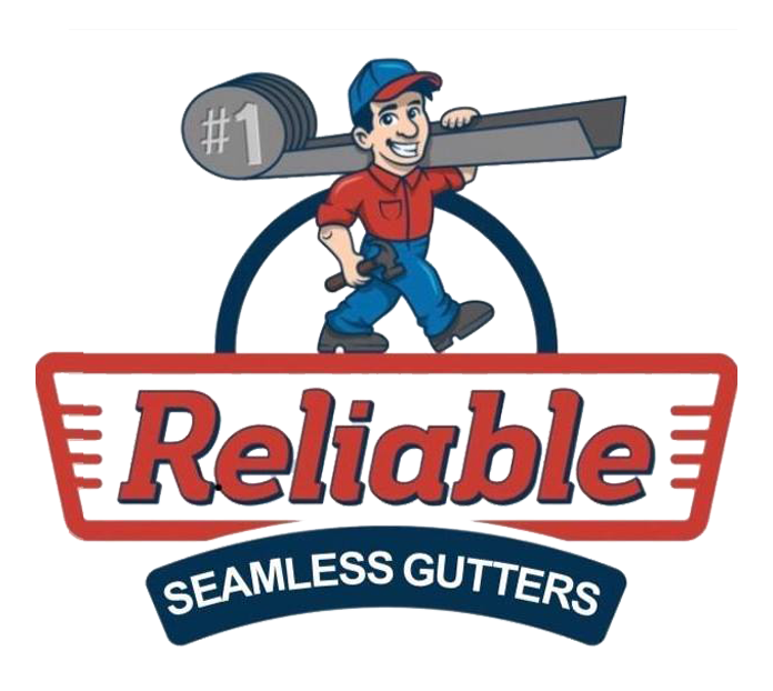 Logo of a smiling worker with gutter material labeled "#1 Reliable Seamless Gutters" in red and blue.