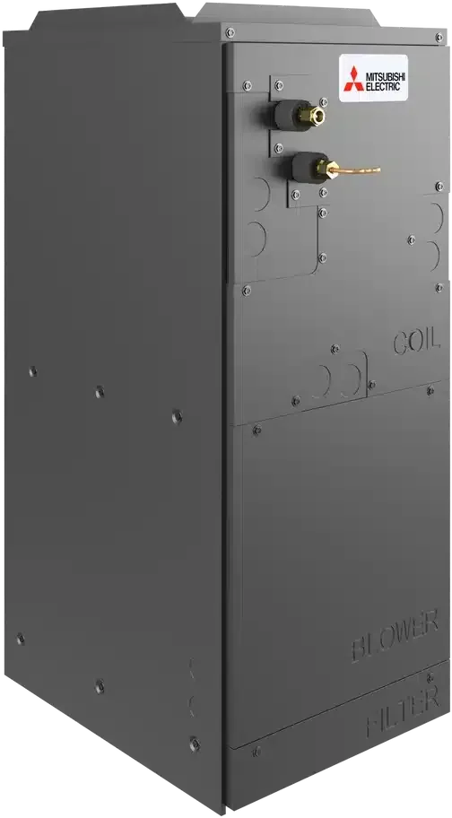 A mitsubishi electric air conditioner is sitting on a white surface.