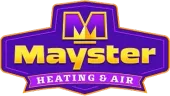 A purple and gold logo for mayster heating and air.
