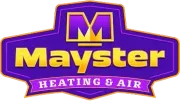 A purple and gold logo for mayster heating and air.
