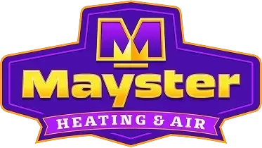 A purple and gold logo for mayster heating and air.