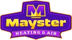 A purple and gold logo for mayster heating and air.
