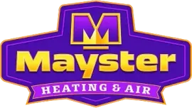A purple and gold logo for mayster heating and air.