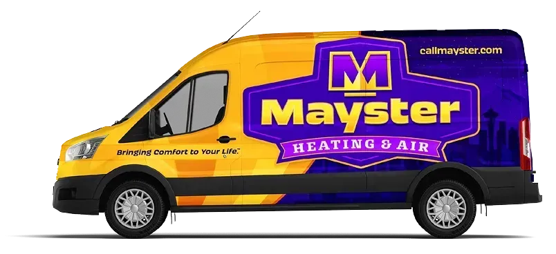 A yellow and purple van with the word mayster on it.