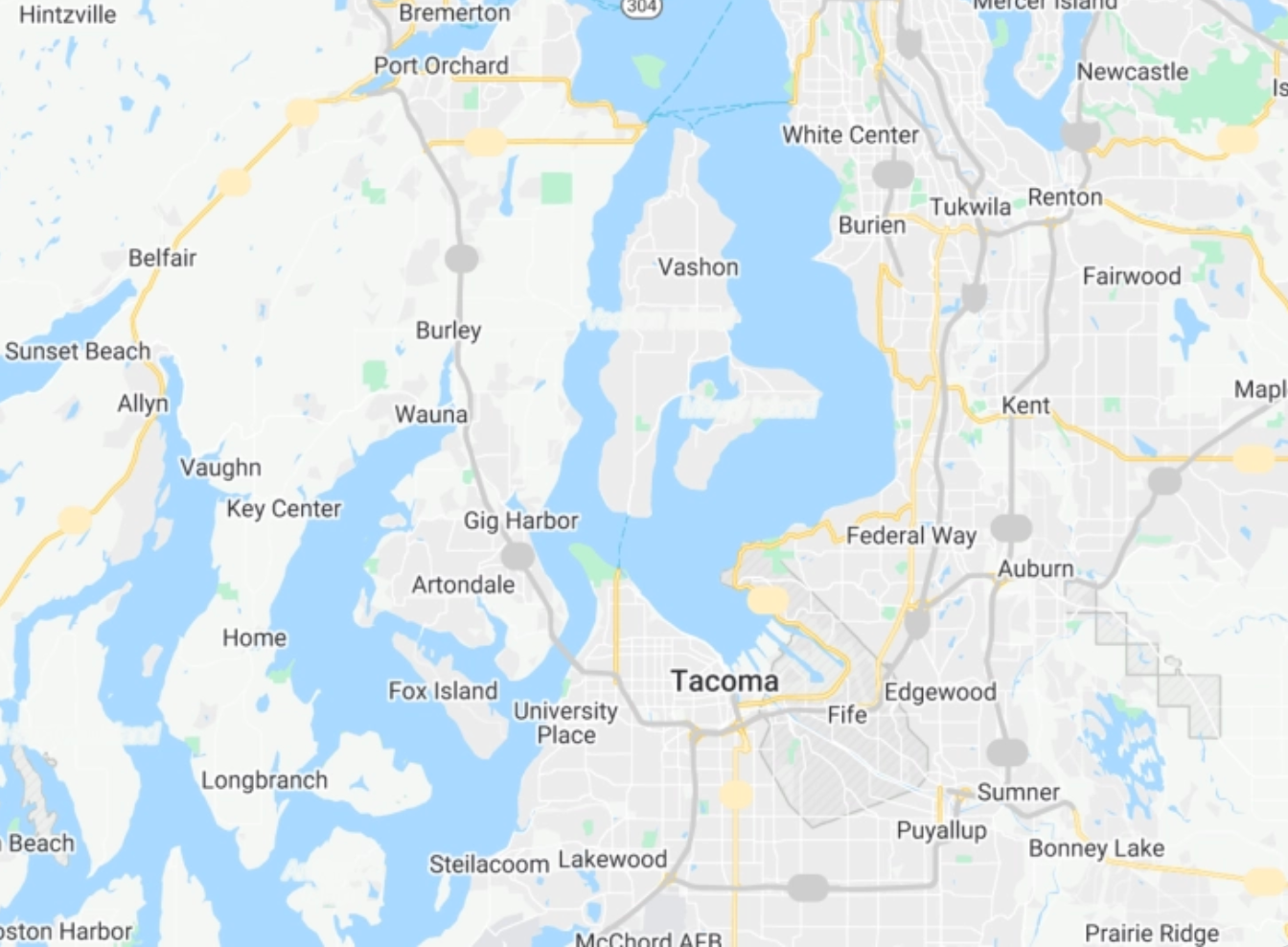 A map showing the location of tacoma and surrounding areas