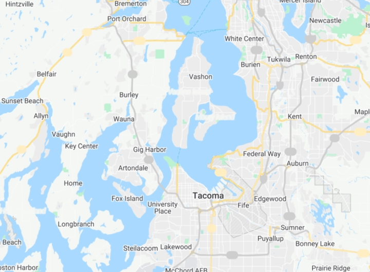 A map showing the location of tacoma and surrounding areas