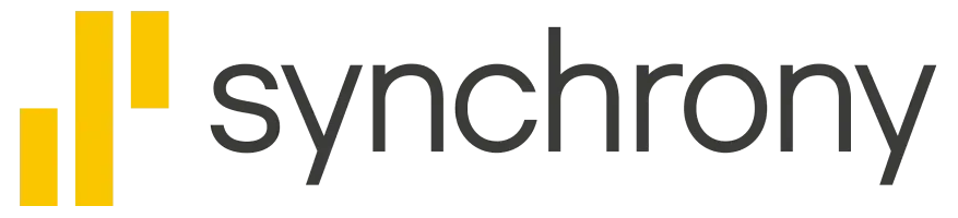 The word synchrony is written in black and yellow on a white background.