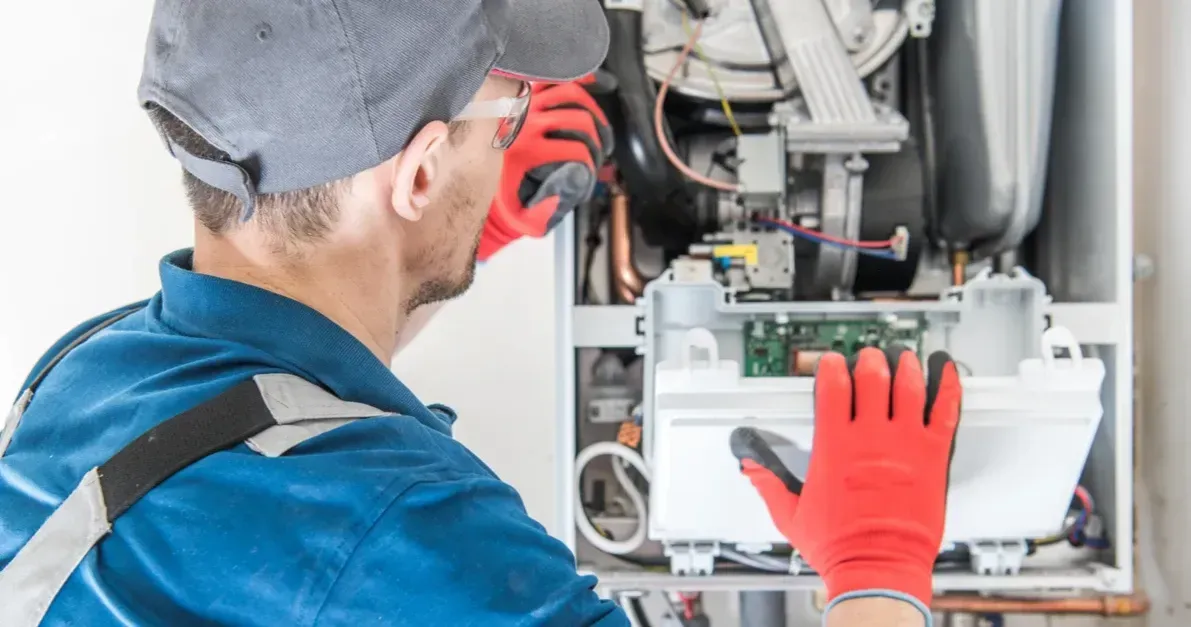 A man wearing red gloves is working on a boiler.