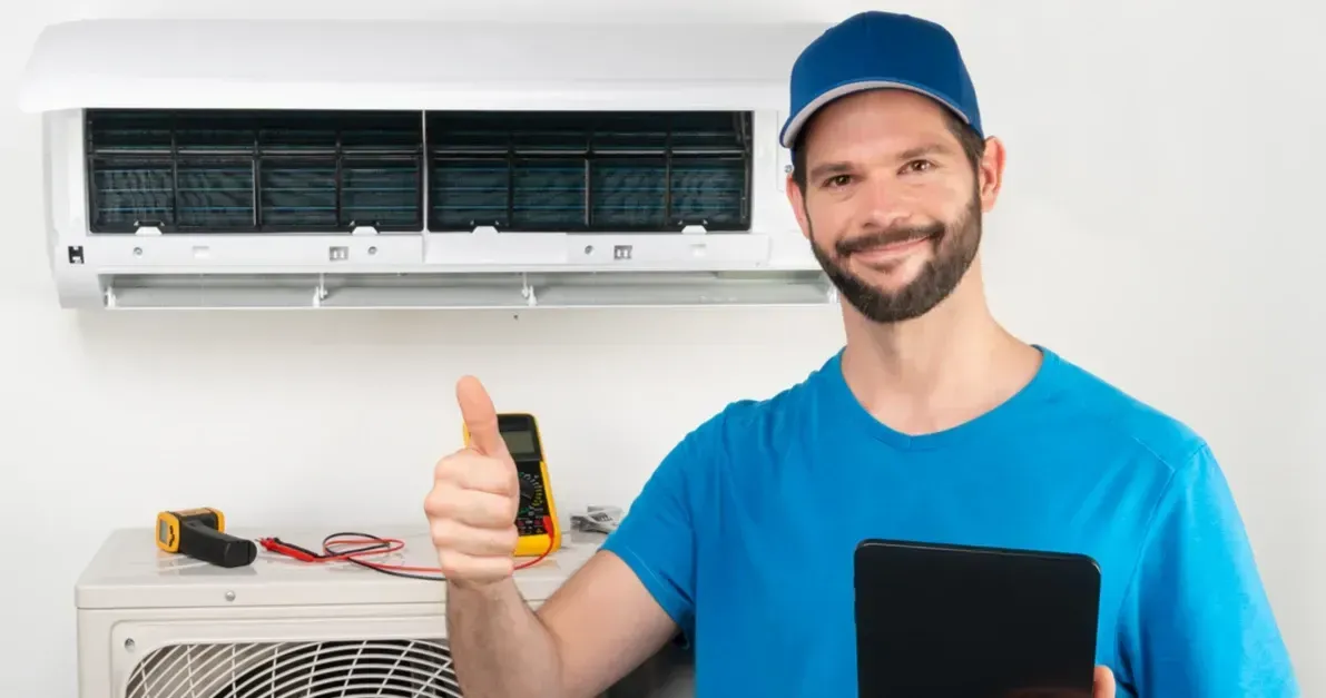 A man is holding a tablet and giving a thumbs up in front of an air conditioner.