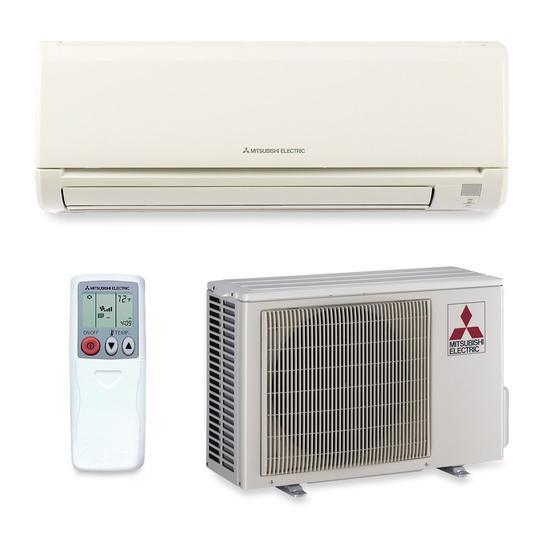 Mitsubishi ductless mini-split AC unit: indoor wall unit, outdoor compressor, and remote control, all light beige.