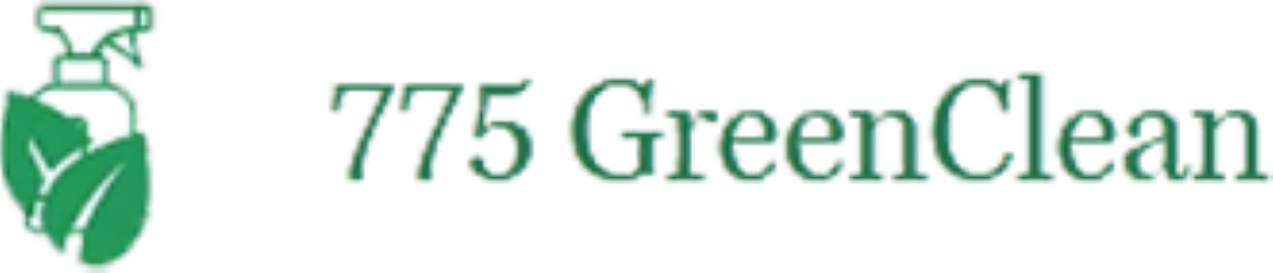 Logo for 775 GreenClean with a spray bottle and leaves.