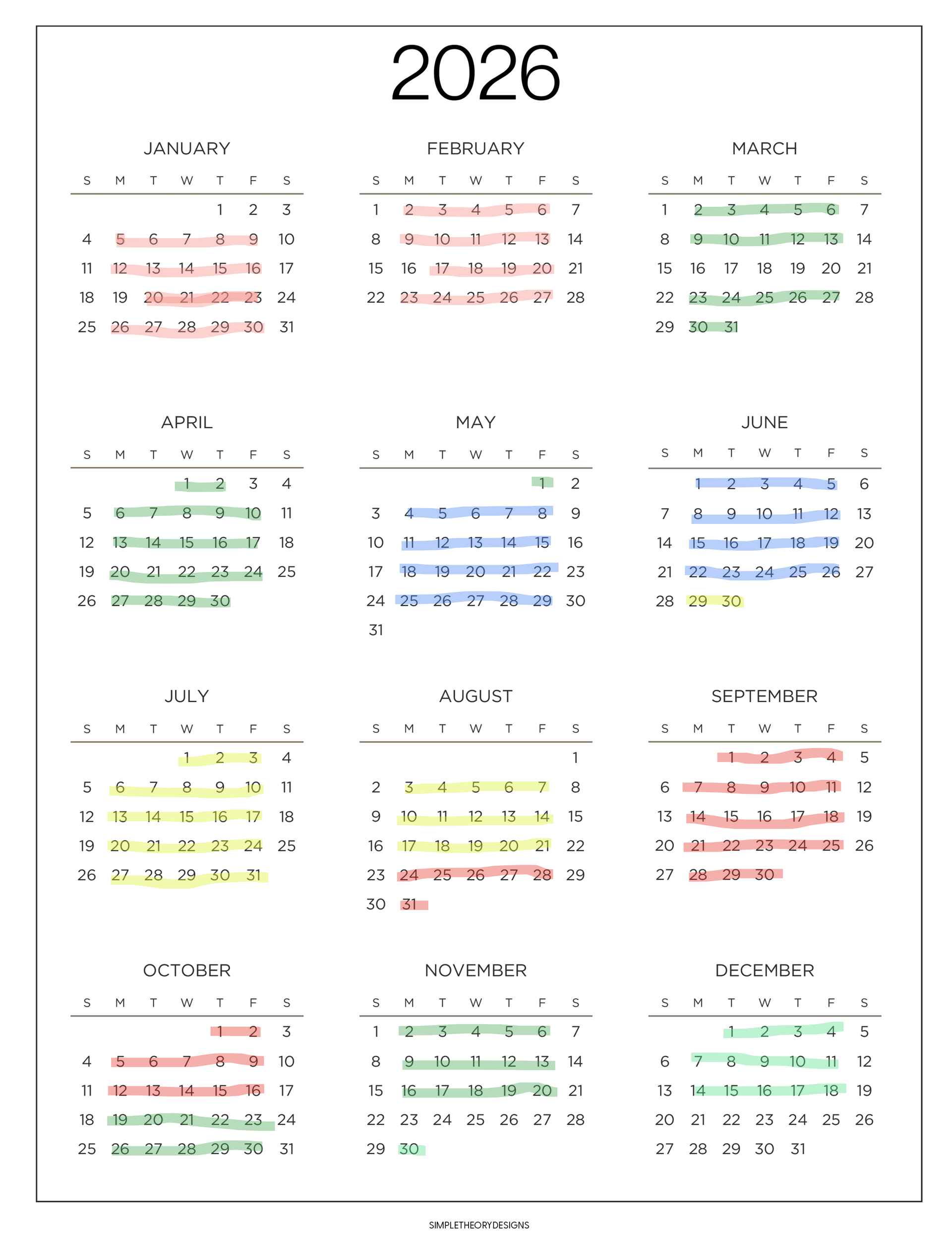 2026 calendar; each month displayed. Dates marked in various colors: red, green, blue, and yellow.