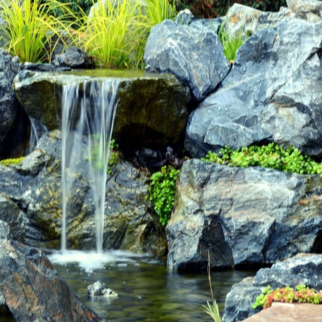 A small waterfall is surrounded by rocks and plants