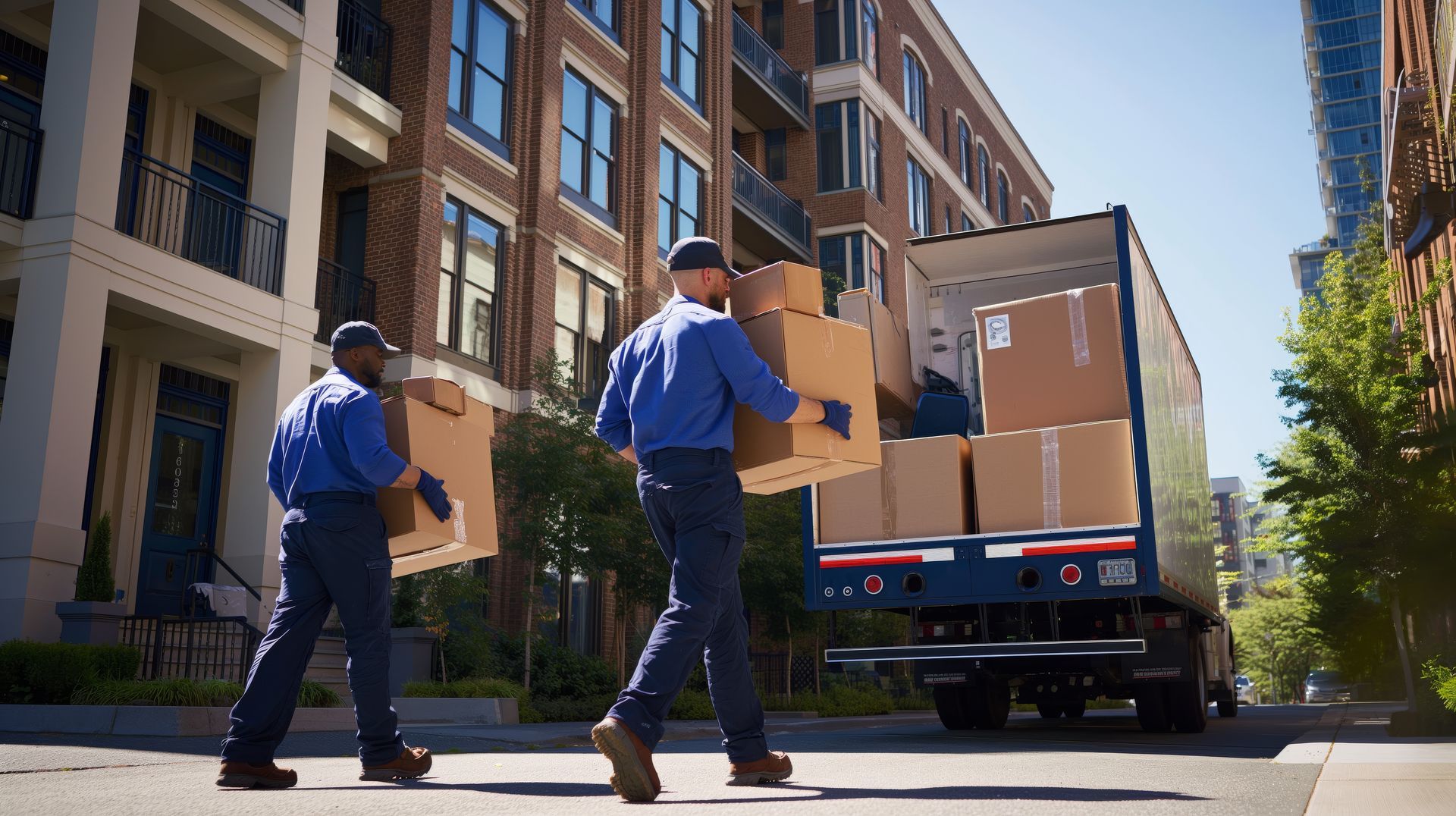 Professional movers loading cardboard boxes into a truck for a residential relocation service.
