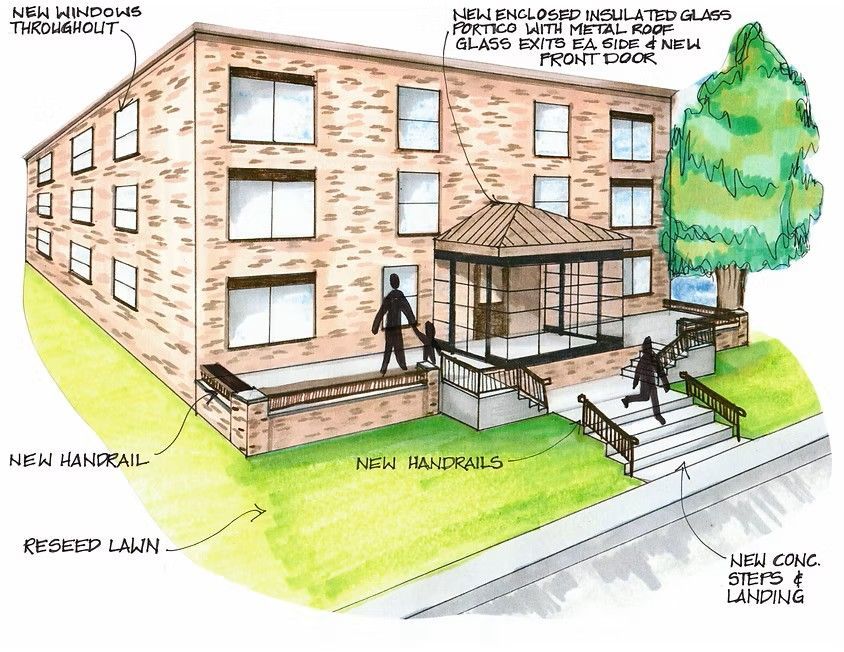 Exterior architectural rendering of a building with new windows, entrance, steps, handrails, and a reseeded lawn.