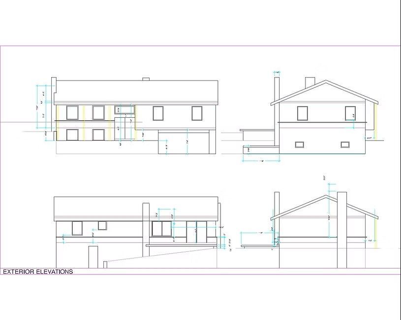 Architectural exterior elevations of a two-story house, showing front, side, and rear views with dimensions.