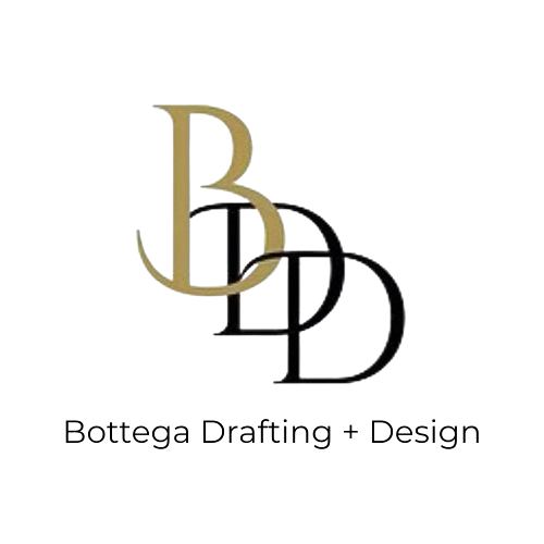 Logo: "BDD" initials, gold "B" overlaid on black "DD"; "Bottega Drafting + Design" below.