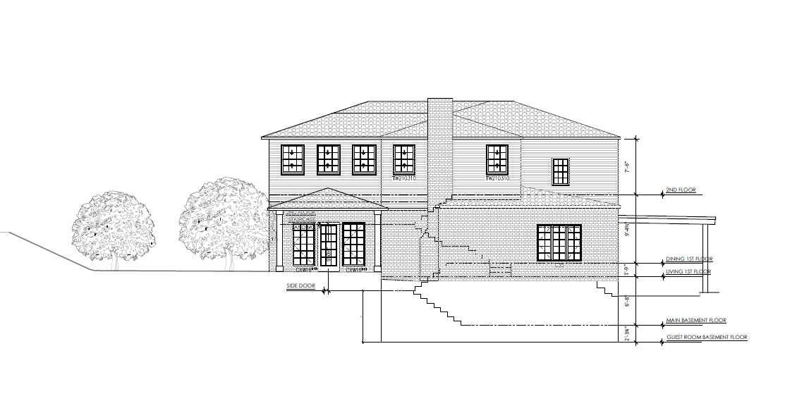 Architectural drawing of a two-story house with trees and a small porch on the side.