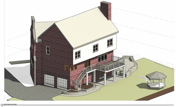 Isometric view of a two-story brick house with a deck, driveway, and gazebo in a yard.