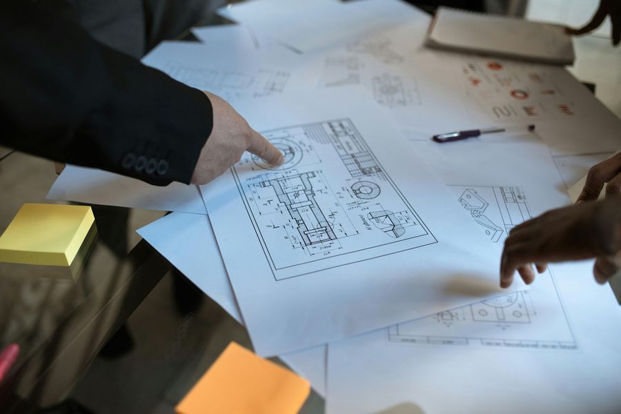 Hands pointing at blueprints on a table with sticky notes.