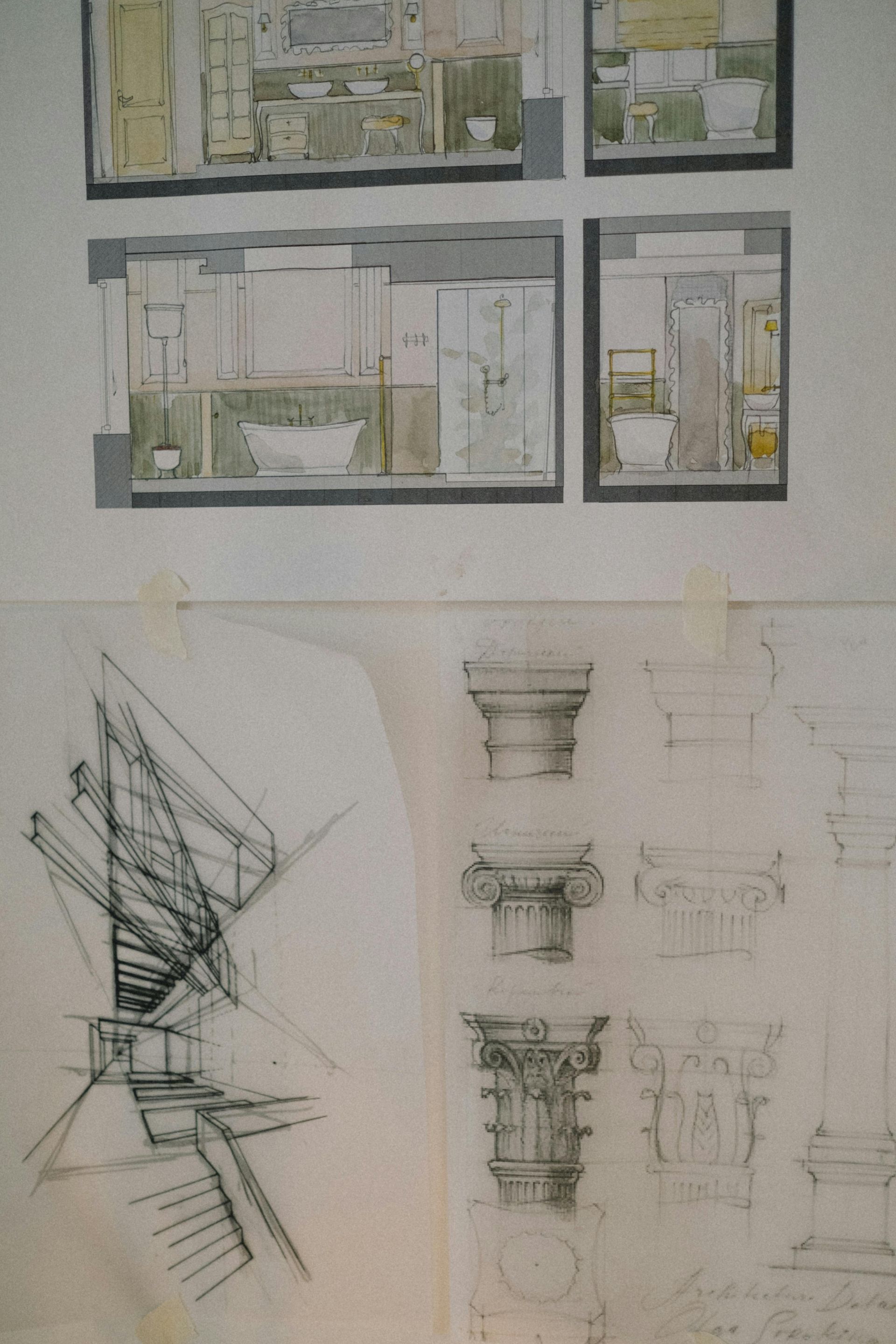 Architectural drawings: bathroom cross-sections, staircase design, column studies. Pencil sketches and watercolor renderings.
