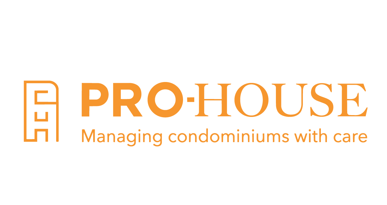 Gold-colored logo of PRO-HOUSE with the slogan "Managing condominiums with care" on a white background.
