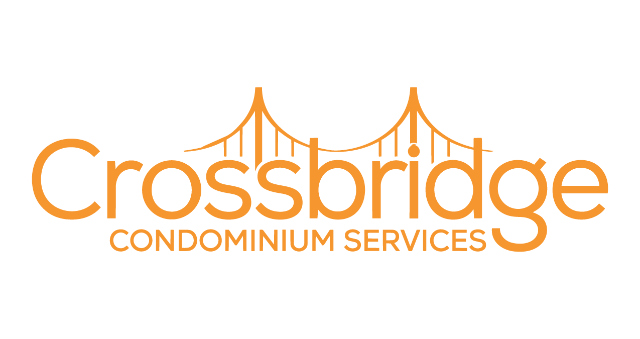 Orange logo for Crossbridge Condominium Services featuring a bridge illustration above the text.