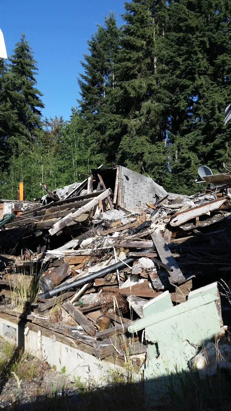 Pile of rubble from a destroyed wooden building; green and white paint visible. Trees in background, blue sky.
