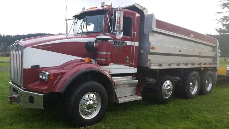 Red and white dump truck parked on grass.