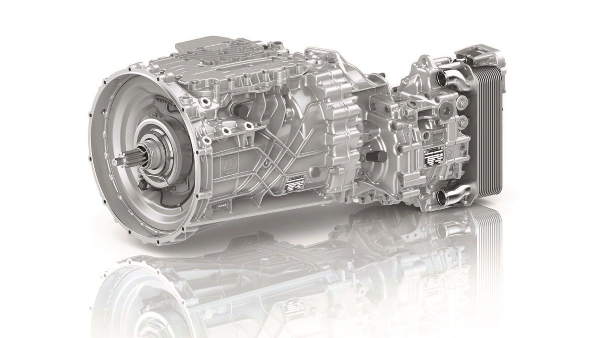 Silver vehicle gearbox and transmission unit displayed on a white background.