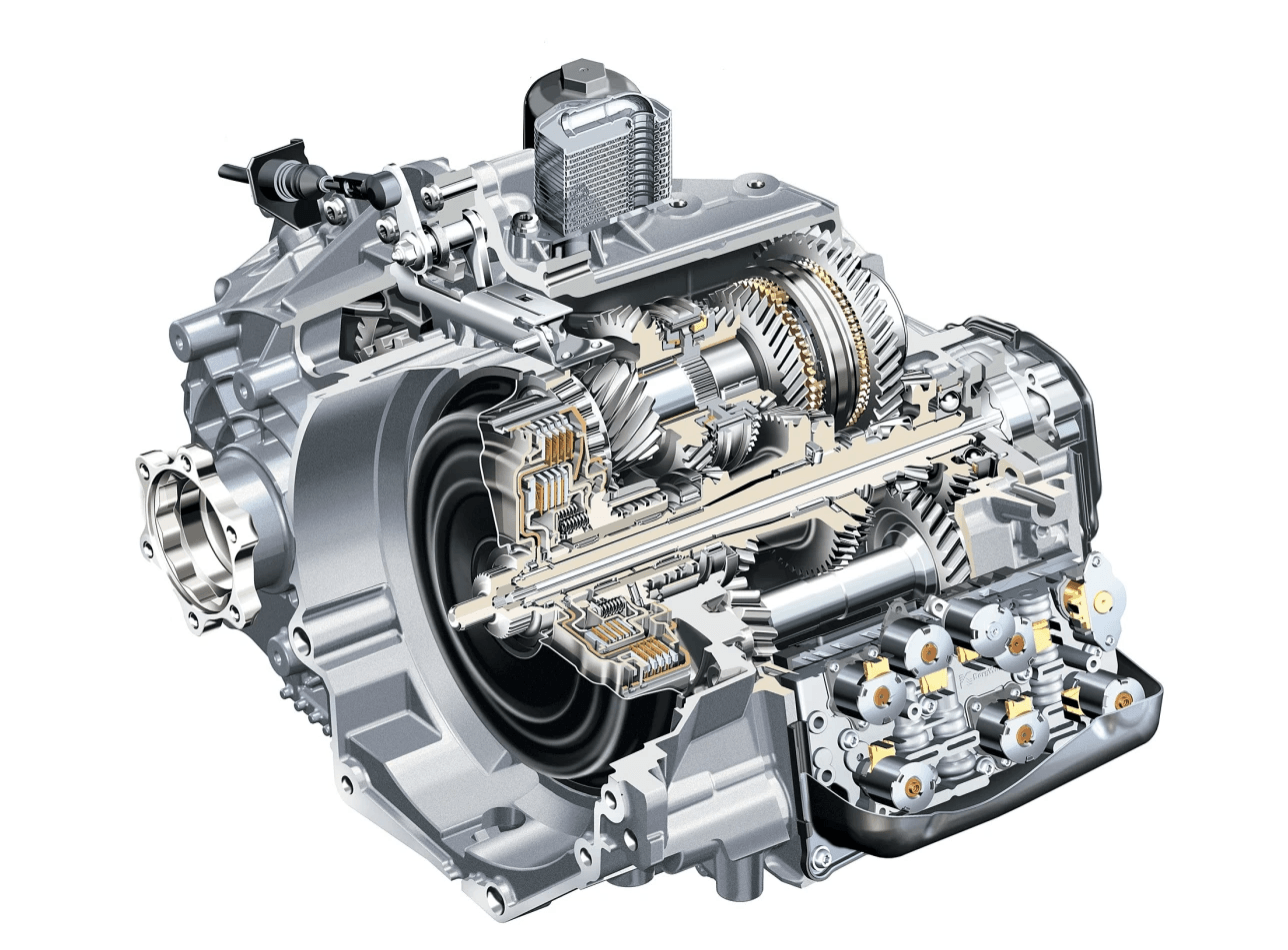 Internal cross-section view of a DSG mechatronic gearbox showing clutch packs, gear sets, and hydraulic control unit components.