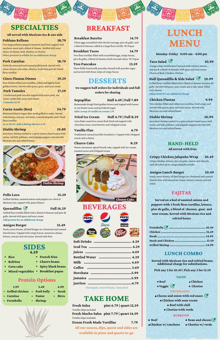 A menu for a restaurant includes soup and salads and beverages