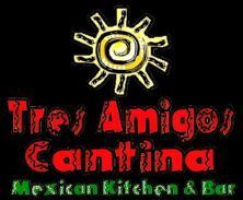 The logo for tres amigos cantina mexican kitchen and bar has a sun on it.