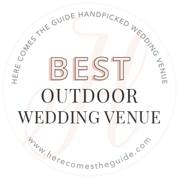 Circular logo: "Best Outdoor Wedding Venue" with pink text, from "Here Comes The Guide."