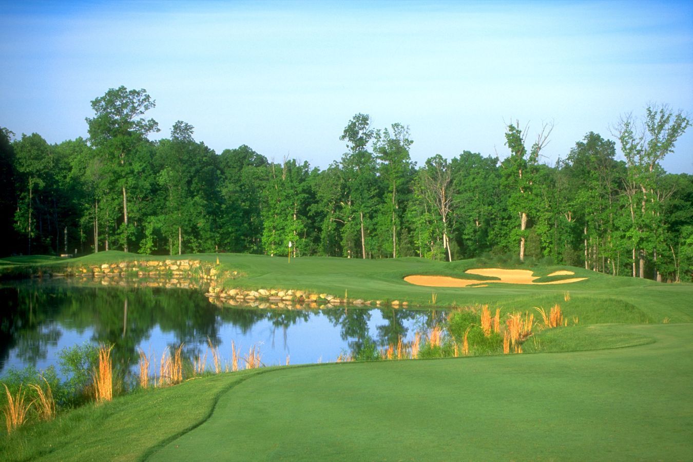 Green golf course with water hazard, trees, and blue sky.