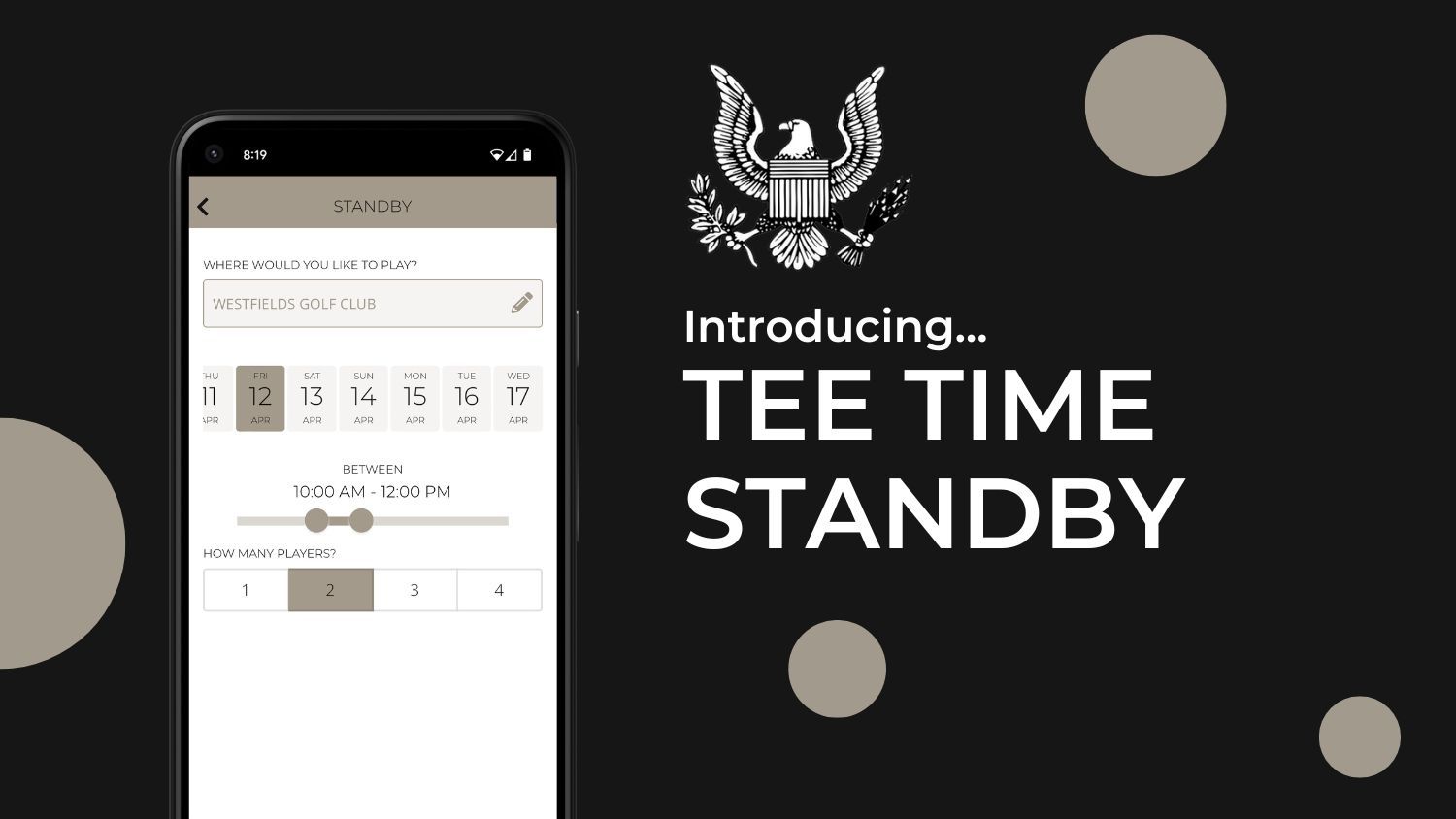 Smartphone showing a tee time booking app with a date selection. Text: Tee Time Standby. Black background with dots.