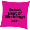 Pink square award badge with text: "the knot Best of Weddings 2024".