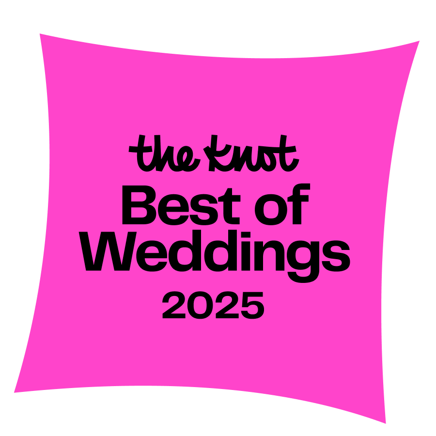 Pink square logo with "The Knot Best of Weddings 2025" in black text.