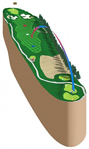 Golf course cutaway showing a blue ball's trajectory landing on the green, with a red ball's path curving toward it.